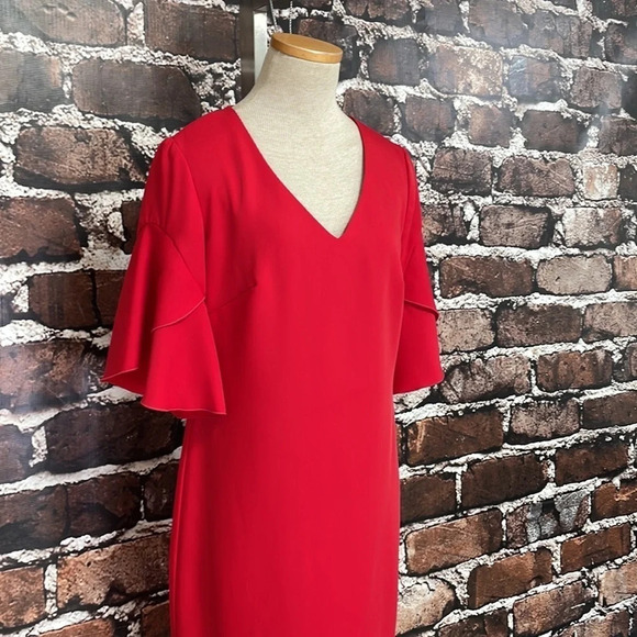 Trina Turk Dress Red Knee Length Sheath V-Neck Bell Sleeves Size 2 - Picture 5 of 16